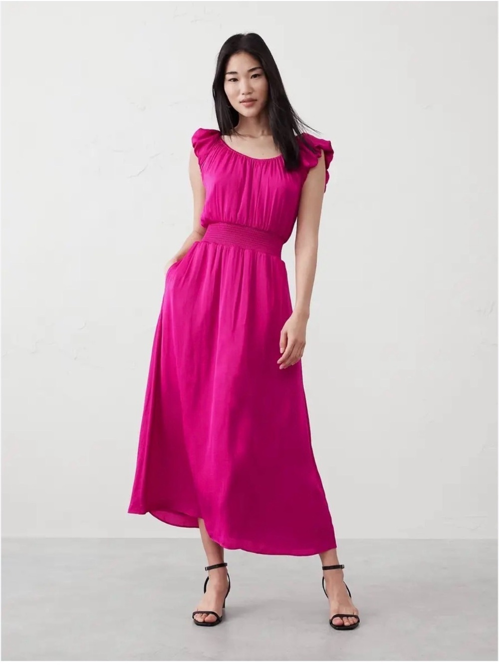 Banana Republic Fuchsia Satin Midi Dress Puff Sleeve Barbiecore XS Romantic